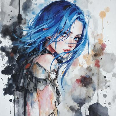 The primary subject of the image is a woman with blue hair, wearing a futuristic outfit. She is standing in front of a colorful background, which includes a mix of blue, orange, and yellow colors. The visual style of the image is a combination of digital art and illustration, creating a unique and vibrant scene. The woman's outfit and the background together evoke a sense of creativity and imagination, showcasing the artist's skill in blending different elements to create a captivating